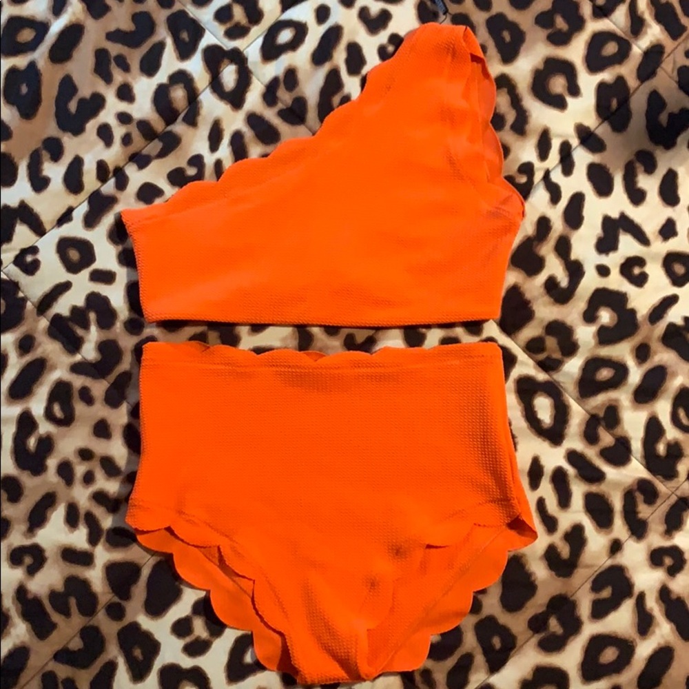 One shoulder high waisted  scalloped swim suit